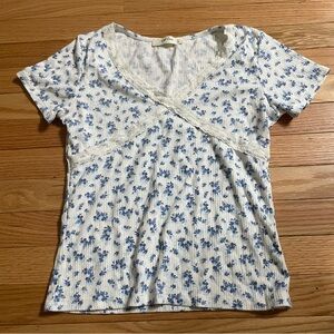 Wild Love Babydoll Top Womens Large White Blue Floral Lace Coquette Cottagecore